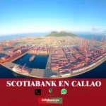 imágen panoramica del puerto de callao con la palabras scotiabank de color blanco, iconos de contacto y el logo de la web