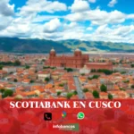 imágen panorámica de la ciudad de cusco con la palabra scotiabank, iconos de contacto y el logo de la web.