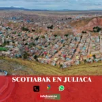 imágen panorámica de La Rinconada en Juliaca en fondo desenfocado con la palabra scotiabank, iconos de contacto y el logo de la web.