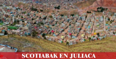 imágen panorámica de La Rinconada en Juliaca en fondo desenfocado con la palabra scotiabank, iconos de contacto y el logo de la web.