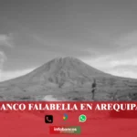 imágen del volcan misti en blanco y negro desenfocado con la palabra falabella, iconos de contacto y el logo de la web.