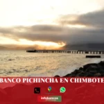 imágen del puerto de chimbote en fondo desenfocado con la palabra banco pichincha, iconos de contacto y el logo de la web.