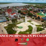 imágen de la ciudad de Pucallpa en fondo desenfocado con las palabras banco pichincha. iconos de contacto y el logo de la web.