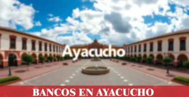 imágen de la plaza principal de ayacucho con la palabra banco en la parte de abajo, iconos de contacto y el logo de la web.