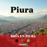 imágen panorámica de la ciudad de piura en fondo desenfocado con la palabra bbva en la parte de abajo, iconos de contacto y el logo de la web.