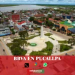 imágen de la ciudad de Pucallpa en fondo desenfocado con la palabra bbva. iconos de contacto y el logo de la web.