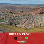 imágen panorámica de La Rinconada en Juliaca en fondo desenfocado con la palabra bbva, iconos de contacto y el logo de la web.