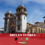 imágen de la catedral de Tumbes en fondo desenfocado con la palabra bbbva, iconos de contacto y el logo de la web.