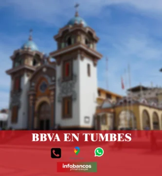 imágen de la catedral de Tumbes en fondo desenfocado con la palabra bbbva, iconos de contacto y el logo de la web.