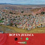 imágen panorámica de La Rinconada en Juliaca en fondo desenfocado con la palabra bcp, iconos de contacto y el logo de la web.