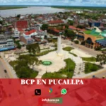 imágen de la ciudad de Pucallpa en fondo desenfocado con la palabra bcp. iconos de contacto y el logo de la web.