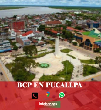 imágen de la ciudad de Pucallpa en fondo desenfocado con la palabra bcp. iconos de contacto y el logo de la web.