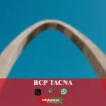 imágen cercana del arco de la plaza de Tacna en fondo desenfocado con la palabra bcp, iconos de contacto y el logo de la web.