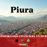 imágen panorámica de la ciudad de piura en fondo desenfocado con la palabra compartamos financiera en la parte de abajo, iconos de contacto y el logo de la web.