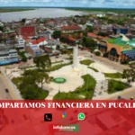 imágen de la ciudad de Pucallpa en fondo desenfocado con las palabras compartamos financiera, iconos de contacto y el logo de la web.