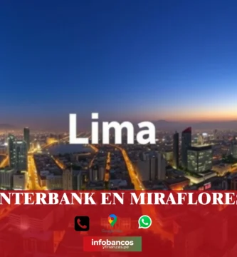 imágen panorámica de la ciudad de miraflores con la palabra interbank en la parte de abajo, iconos de contacto y el logo de la web.