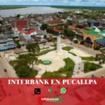 imágen de la ciudad de Pucallpa en fondo desenfocado con la palabra interbank, iconos de contacto y el logo de la web.