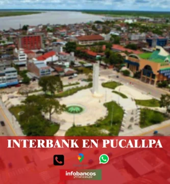 imágen de la ciudad de Pucallpa en fondo desenfocado con la palabra interbank, iconos de contacto y el logo de la web.