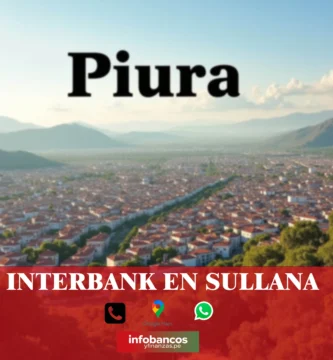 imágen panorámica de la ciudad de piura en fondo desenfocado con la palabra interbank en la parte de abajo, iconos de contacto y el logo de la web.