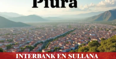 imágen panorámica de la ciudad de piura en fondo desenfocado con la palabra interbank en la parte de abajo, iconos de contacto y el logo de la web.