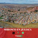 imágen panorámica de La Rinconada en Juliaca en fondo desenfocado con la palabra mibanco, iconos de contacto y el logo de la web.