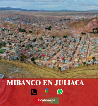 imágen panorámica de La Rinconada en Juliaca en fondo desenfocado con la palabra mibanco, iconos de contacto y el logo de la web.