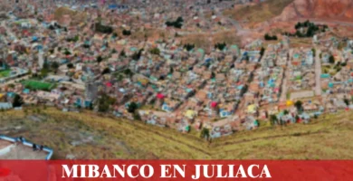 imágen panorámica de La Rinconada en Juliaca en fondo desenfocado con la palabra mibanco, iconos de contacto y el logo de la web.