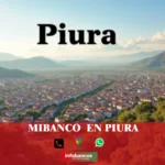 imágen panorámica de la ciudad de piura en fondo desenfocado con la palabra mibanco en la parte de abajo, iconos de contacto y el logo de la web.