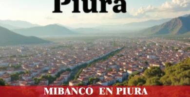 imágen panorámica de la ciudad de piura en fondo desenfocado con la palabra mibanco en la parte de abajo, iconos de contacto y el logo de la web.