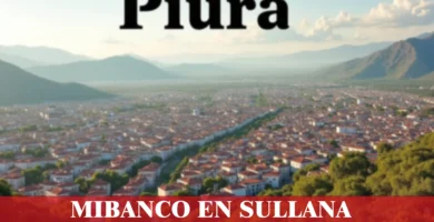 imágen panorámica de la ciudad de piura en fondo desenfocado con la palabra mibanco en la parte de abajo, iconos de contacto y el logo de la web.