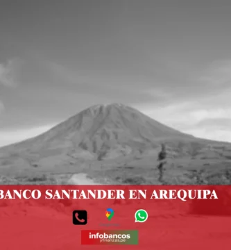 imágen del volcan misti en blanco y negro desenfocado con la palabra santander, iconos de contacto y el logo de la web.