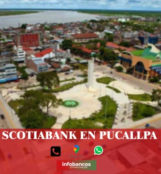 imágen de la ciudad de Pucallpa en fondo desenfocado con la palabra scotiabank, iconos de contacto y el logo de la web.